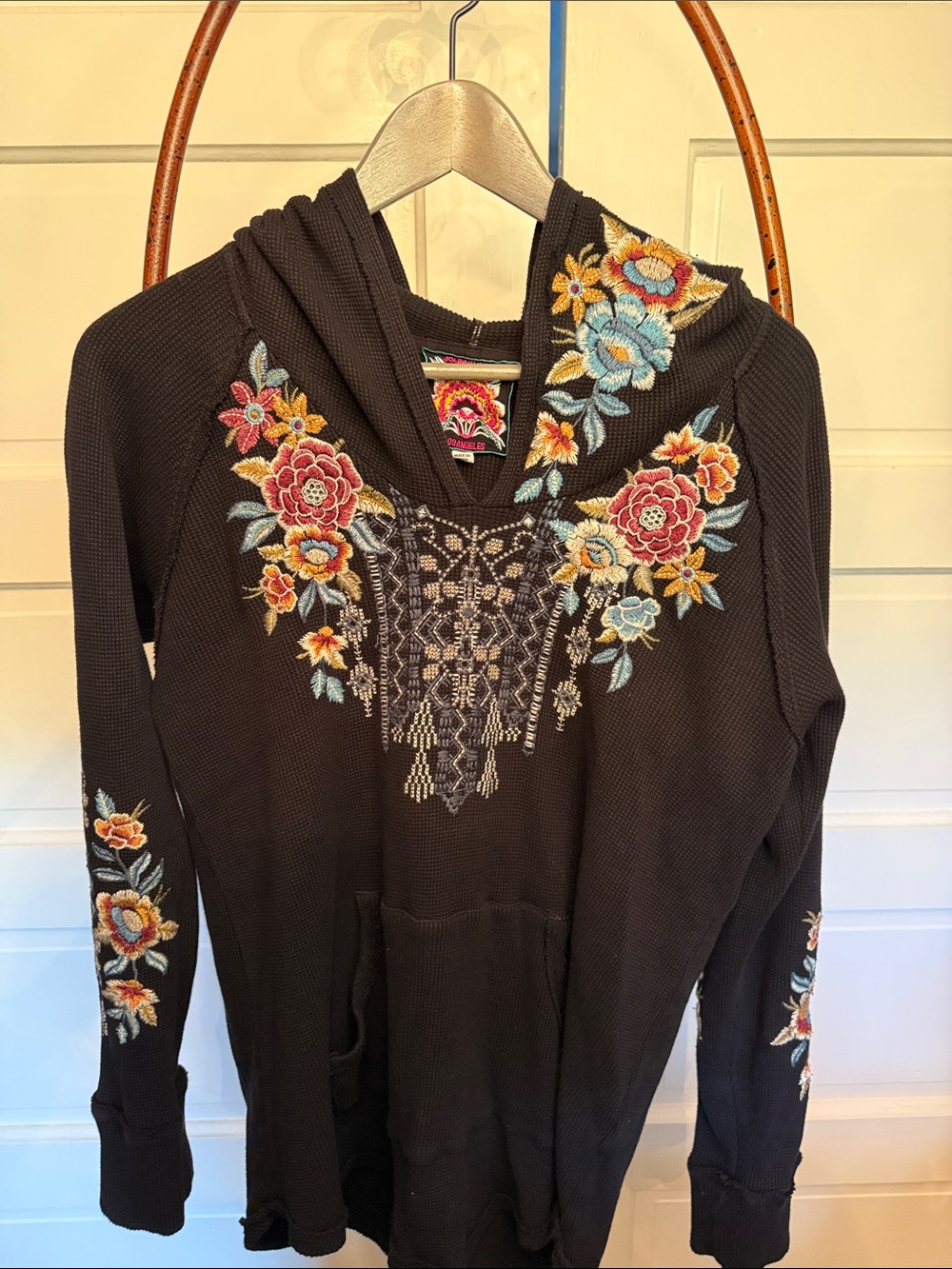 Johnny Was Embroidered Floral Thermal Hoodie Tunic Boho Black Large